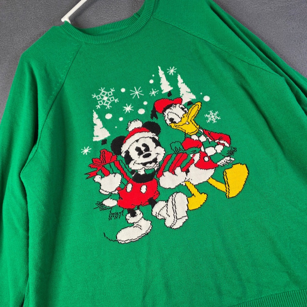 Disney Mickey Mouse Donald Duck Sweater Mens Large Green Christmas Graphic Knit